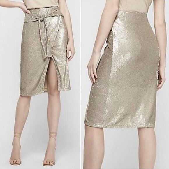 Express Skirt Sequin High Waisted Tie Front Champagne Large NWT - Picture 1 of 5